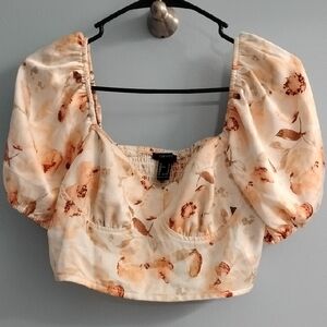 Forever 21 Cream and Orange Puff-Sleeve Floral Crop Top Size Medium